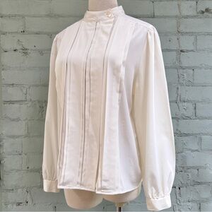 Vintage Cream High Collar Long Sleeve Blouse with Pintuck Detail